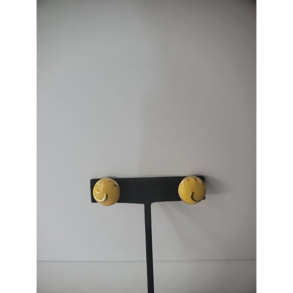 Vintage Earrings Clip On Yellow Round Gold Tone Swirl Accents Jewelry Costume - Picture 4 of 13